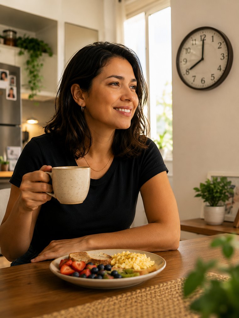 Mulher tomando café da manhã tranquila às 8h