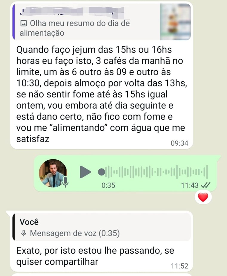 Mensagem de paciente relatando jejum sem sentir fome